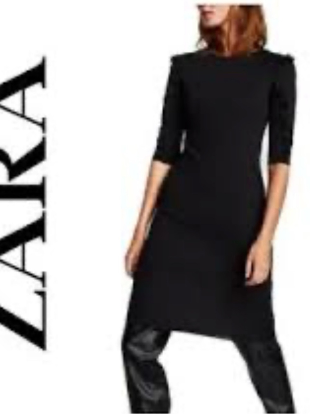 ZARA Trafaluc Black Midi Sheath Dress with Three-Quarter Sleeves Size M
